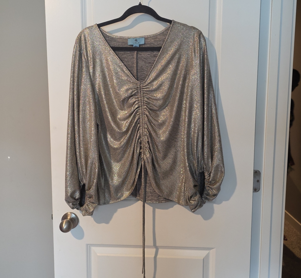 CeCe Silver Metallic Ruched V-Neck Blouse